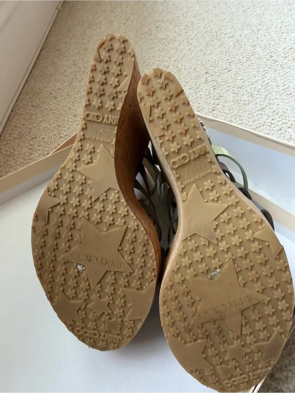 Jimmy Choo Pale Green and Gray Snake-Trim Cork Wedge Sandals